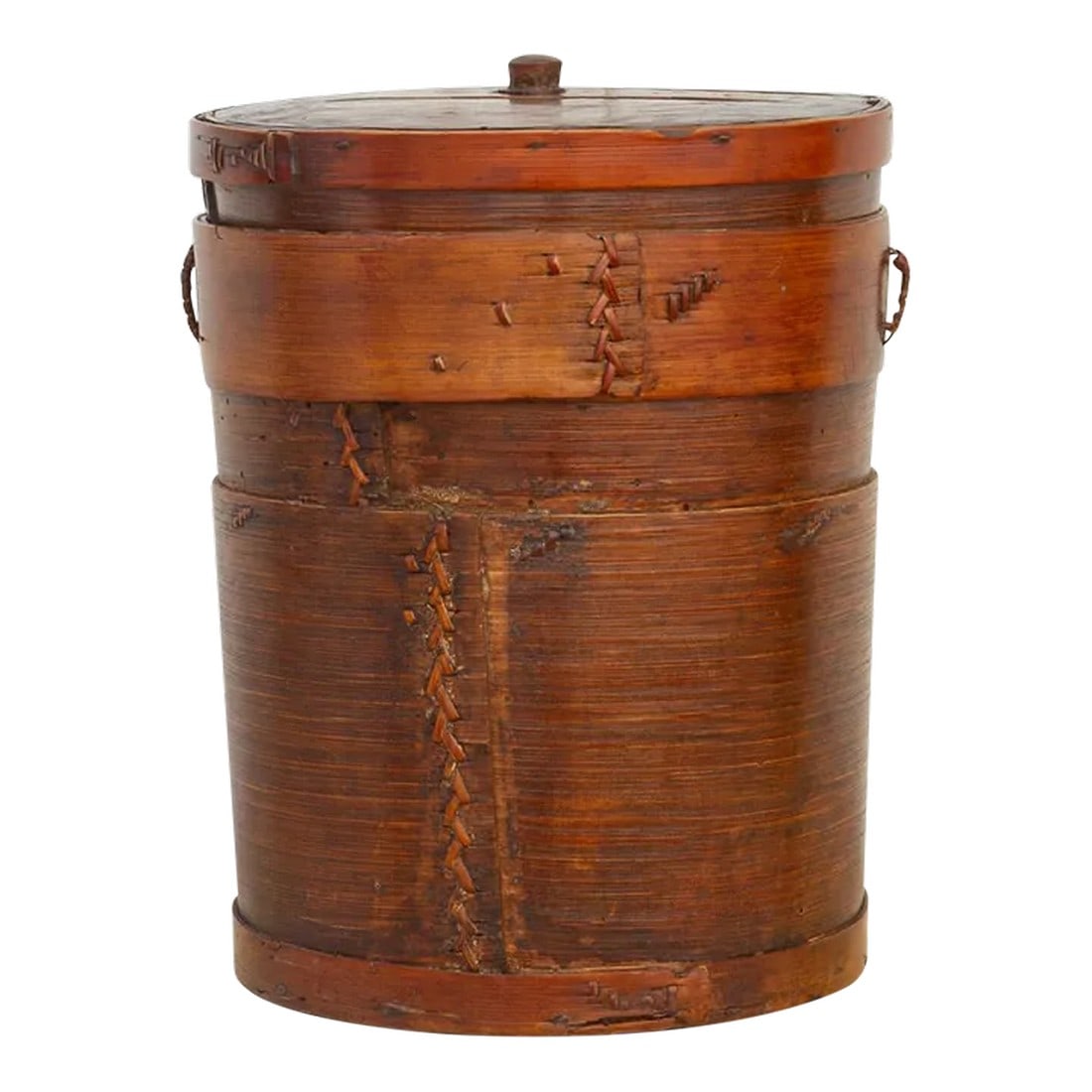 Rare Antique Bamboo Farmhouse Food Container: A large early 20th century Bamboo kitchen container from Bhutan. This antique container has a rounded form and features a lid on top. Originally used to store rice and other kitchen supplies, this con