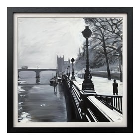 Black & White Painting of Victoria Embankment London - Unique Original Art by British Urban Artist,