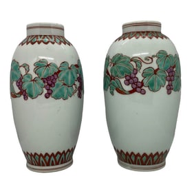 Mid 20th Century Japanese Kutani Celadon Shaped Porcelain Vases With Grapevine Design - a Pair