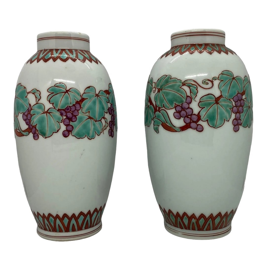 Mid 20th Century Japanese Kutani Celadon Shaped Porcelain Vases With Grapevine Design - a Pair: Mid 20th Century Japanese Kutani Celadon Shaped Porcelain Vases With Grapevine Design - a Pair. Lovely 1940's or 50's Japanese Studio Art Pottery vases! These lovely Vases are in very good condition w