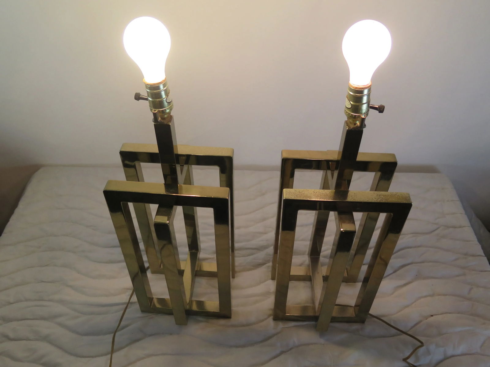 Vintage Sculptural Multi Rectangular Brass Lamps - A Pair - 2