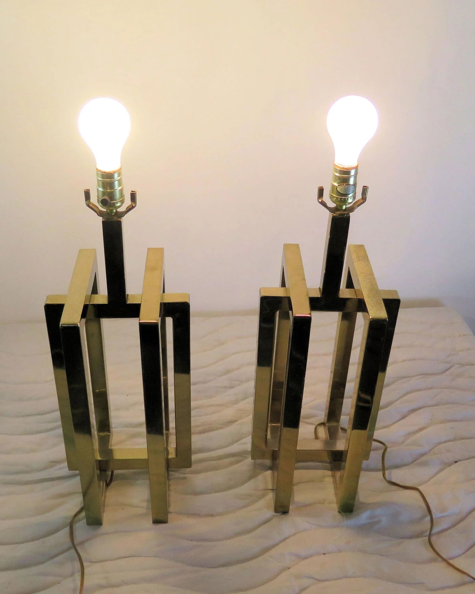 Vintage Sculptural Multi Rectangular Brass Lamps - A Pair - 3