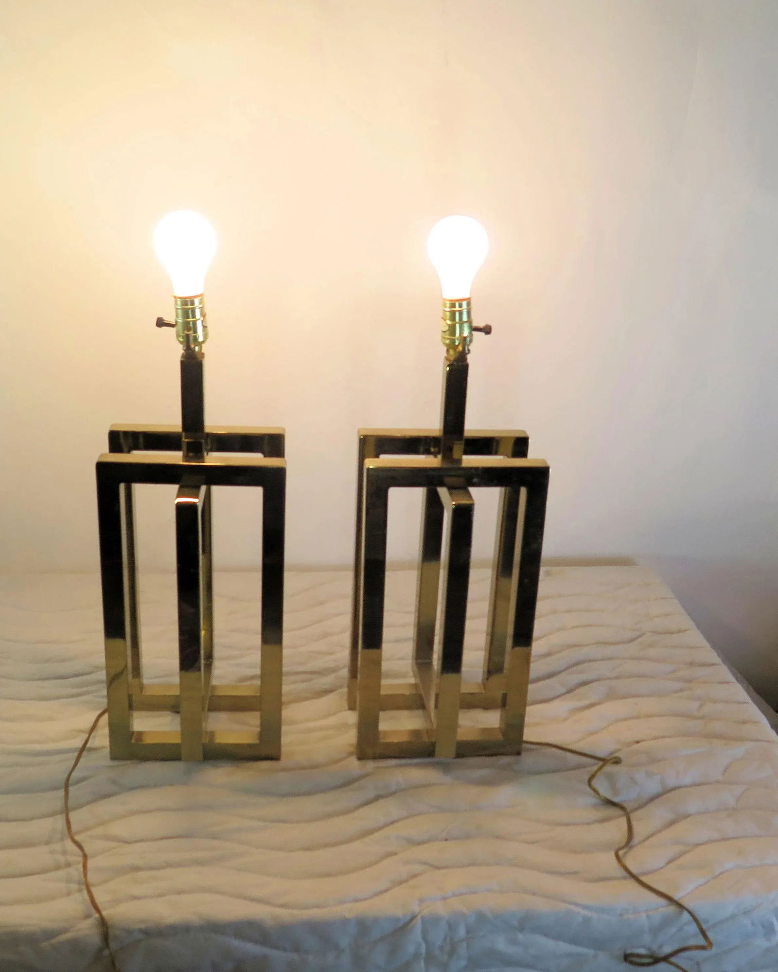 Vintage Sculptural Multi Rectangular Brass Lamps - A Pair - 5