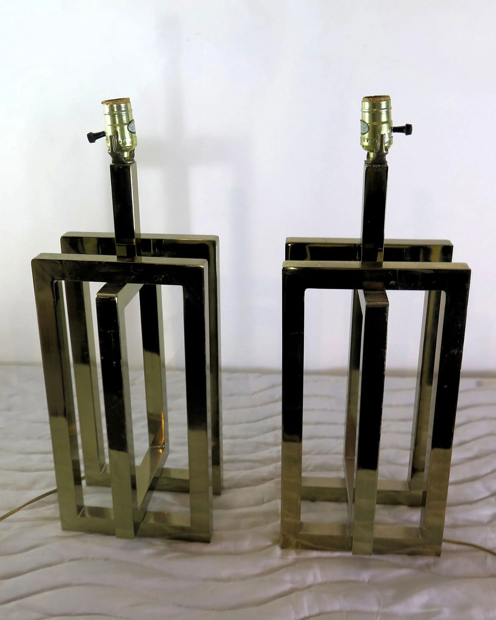 Vintage Sculptural Multi Rectangular Brass Lamps - A Pair - 6