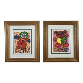 Oak Framed Vintage Print Pair Doll & Bear