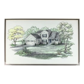 Framed Mid Century Architectural Pencil Painting House