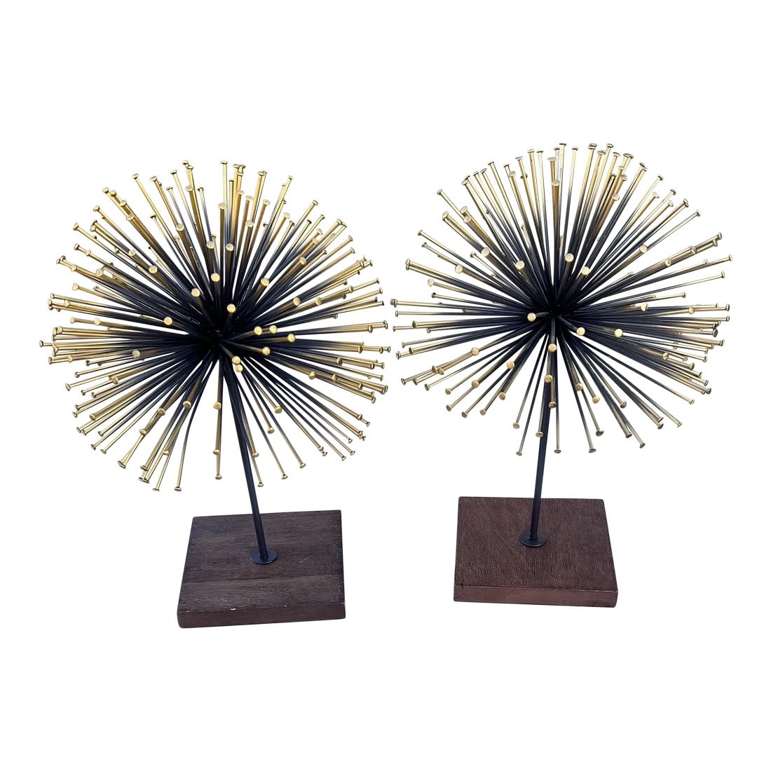 1990s Black and Gold Metal Starburst Sculptures - a Pair: Black and Gold Metal Starburst Sculpture standing on a Square Wooden Base . Condition: Alterations: Original Condition Unaltered Imperfections: Some Imperfections Condition Notes: Normal Wear Dimensio