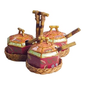 2000s Bamboo Ramekin Serving Caddy Set Asian Style- 7 Pieces