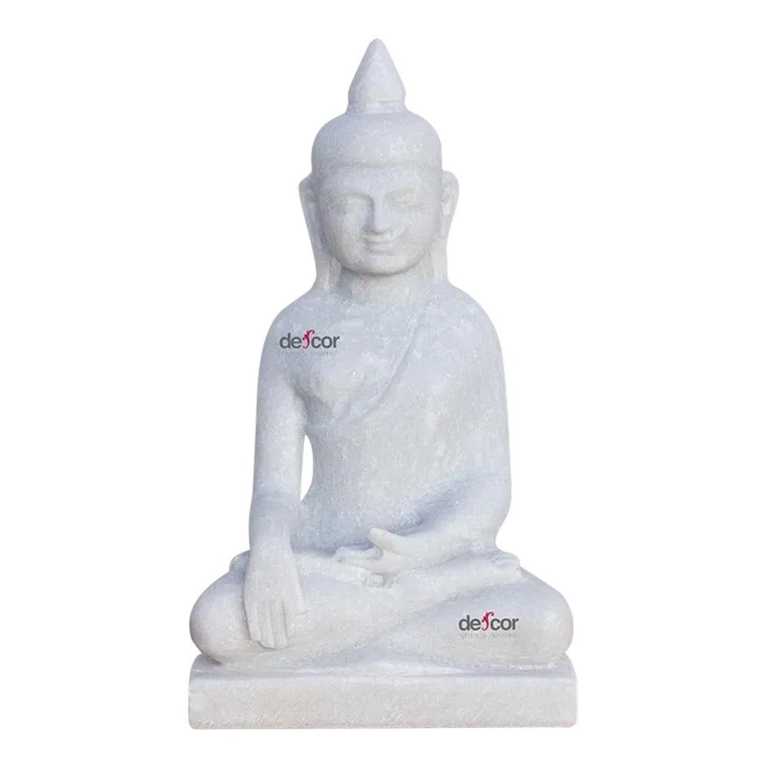 Table Top Pure White Marble Buddha: Truly of piece of art, this beautiful hand-carved statue of a sitting Buddha in pure white marble has finely carved facial features seated on a raised platform. This modern Burmese Buddha is shown in