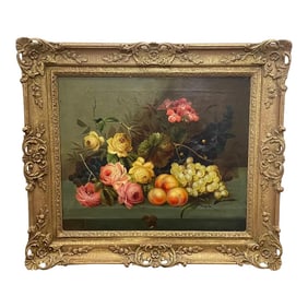 Traditional British 19th Century Still Life Oil Painting of Roses Peaches & Grapes by Edwin Steele