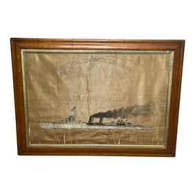 1910s Nautical Silk Embroidery Royal Navy Light Cruiser Ship Hms Concord Maple Framed