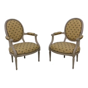 Pair French Louis XVI Palm Tree Upholstered Open Armchairs