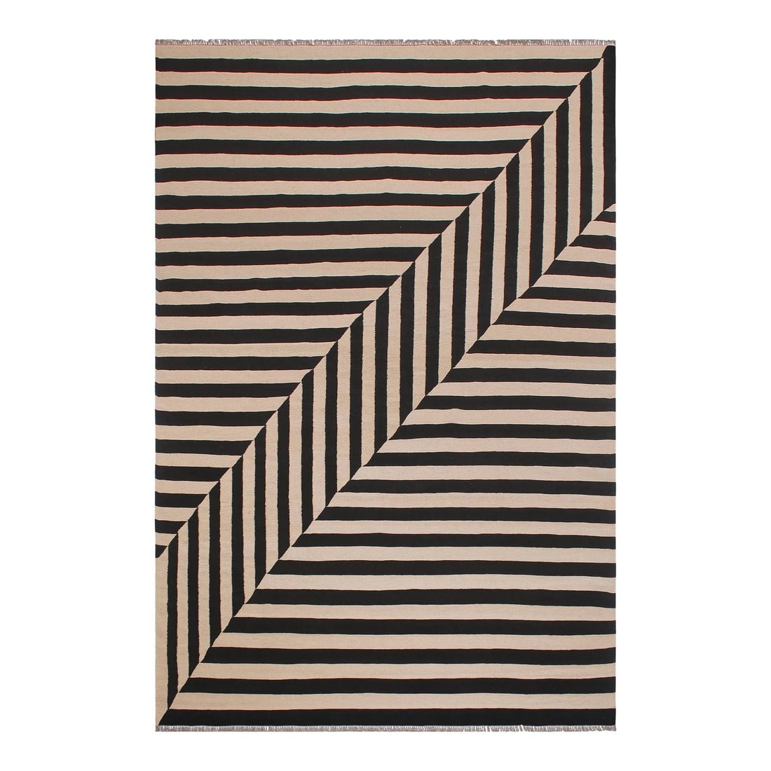 Early 21st Century Modern Bauhaus Kilim Beige Black Wool Rug: Add a touch of elegance to your home with this casual chic hand woven Tribal Kilim wool rug. Constructed on a loom by Nomad Turkman people with hand spun wool and 100% Natural Vegetable dyes these bea
