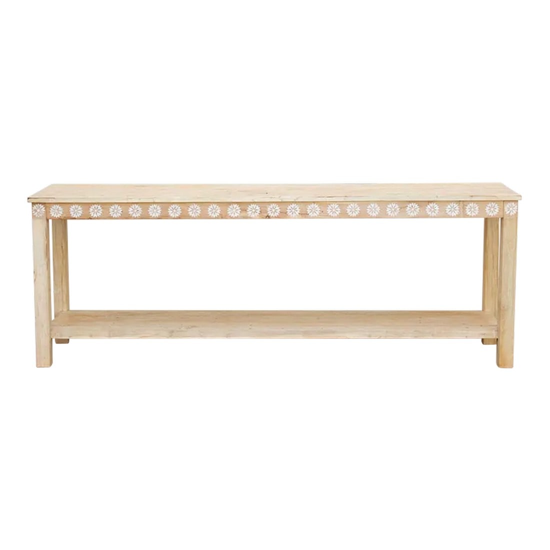 Bleached Teak Blossom Inlaid Console: A charming console table with thick square legs and a lower shelf. Made from reclaimed teak, this large reconstructed table has natural reclaimed teak finish with a beautiful inlay work in a floral mo