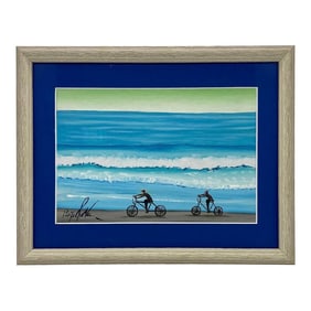 Contemporary Ecuadorian Framed Oil on Board "Biking on the Beach" - Signed by Artist