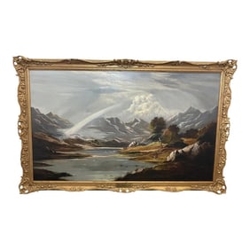 19th Century Landscape Oil Painting of Wales Snowdon Mountain Rainbow by Charles Leslie