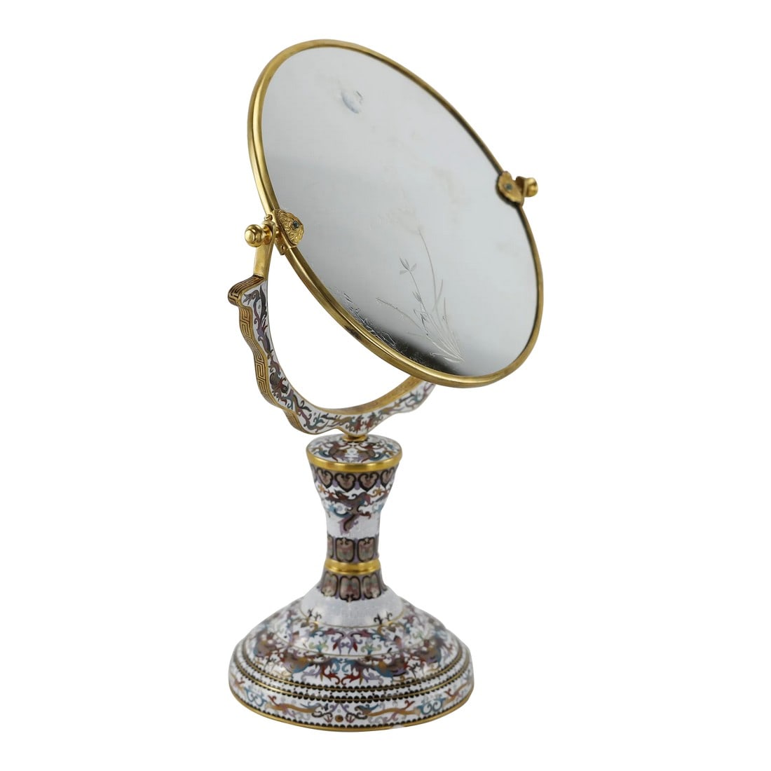 Early 20th Century Large Chinese Cloisonné Double Sided Mirror: Chinese, early 20th century, adorned with floral motif cloisonné enamel, Hand Crafted Cloisonné Double Sided Vanity mirror Antique with reverse painting and both side. Condition: Alterations