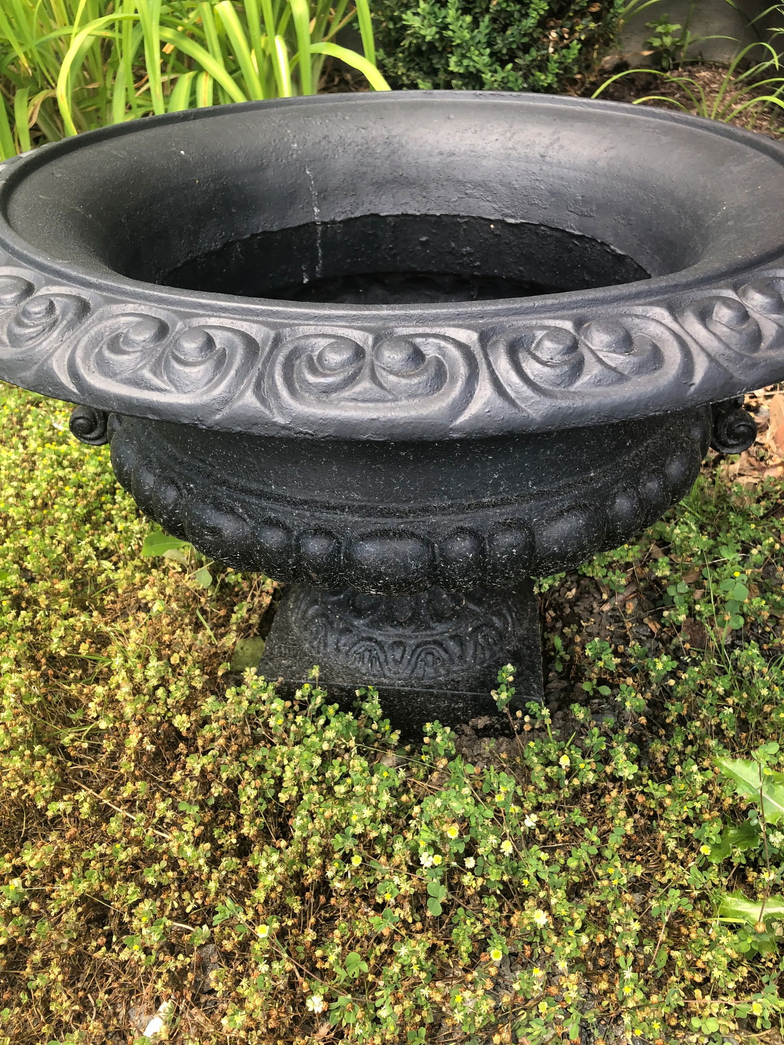 Neoclassical Newly Painted Black Garden Planters Urns With Fancy Handles -A Pair - 7