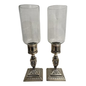 1920"s Antique Silver Plate Edwardian Photophores With Hand Blown Globes - a Pair