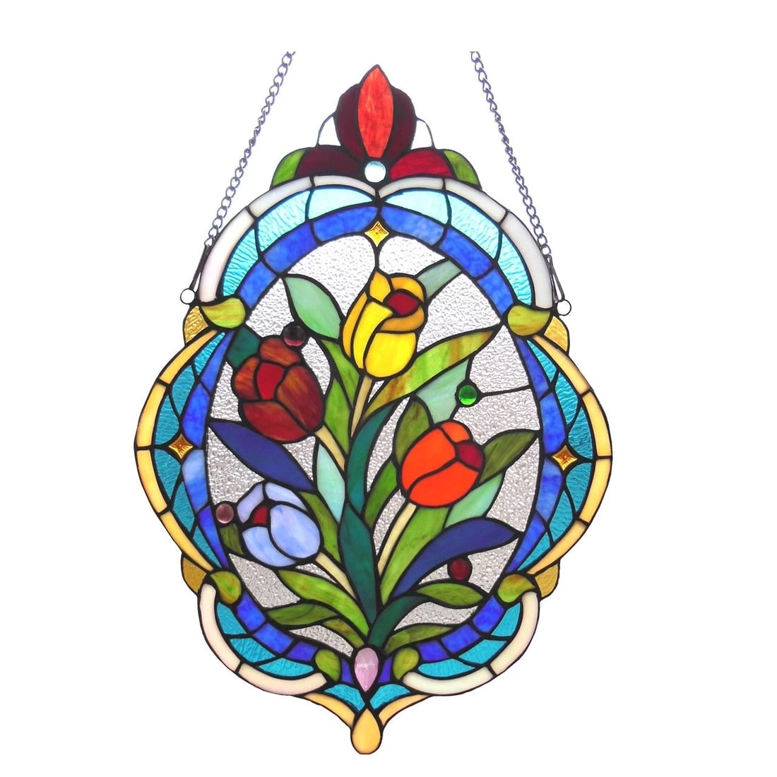 22.5" Stained Glass Window Hanging Panel Suncatcher With Glass Beads: Title: 22.5" Stained Glass Window Hanging Panel Suncatcher With Glass Beads Description: Description 23" High x 15.5" Wide 33" max hanging height with chain A mesmerizing reproduction stained glass wi