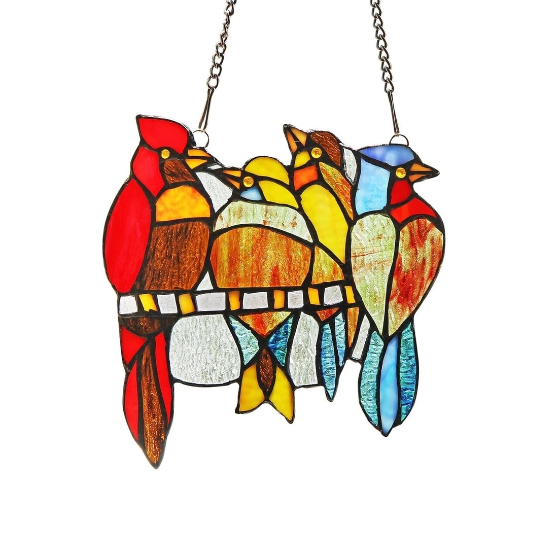 8.9" Bird Stained Glass Window Hanging Panel Suncatcher: Title: 8.9" Bird Stained Glass Window Hanging Panel Suncatcher Description: Description 8.9" Wide x 9.3" tall Great reproduction glass panel with 4 birds. This piece is hand made from individually cut