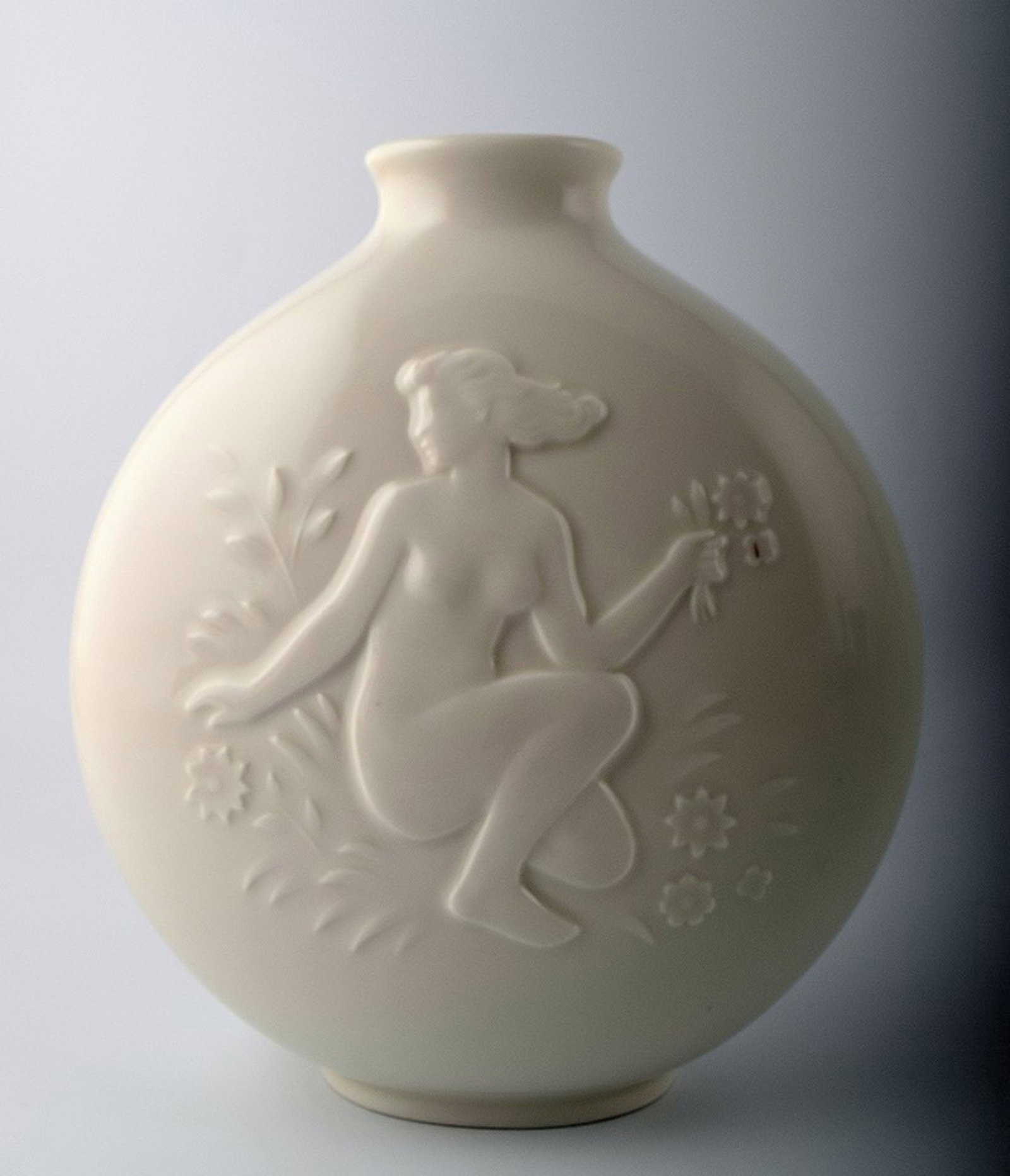 Royal Copenhagen blanc de chine vase, naked women in relief.: Title: Royal Copenhagen blanc de chine vase, naked women in relief. Description: Royal Copenhagen blanc de chine vase, naked women in relief. Measures 20 x 17 cm. Number 4118, HH. First factory qualit