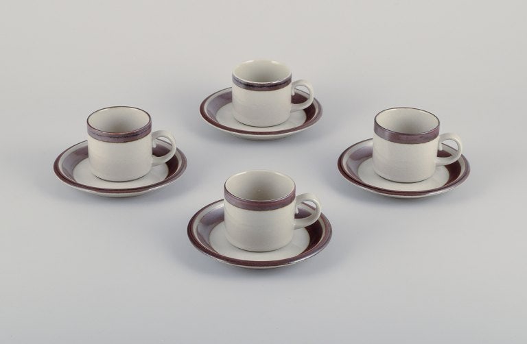 Arabia, Finland. "Karelia". Four sets of small coffee cups and saucers in stoneware.: Title: Arabia, Finland. "Karelia". Four sets of small coffee cups and saucers in stoneware. Description: Arabia, Finland. "Karelia". Four sets of small coffee cups and saucers in stoneware. From the 1