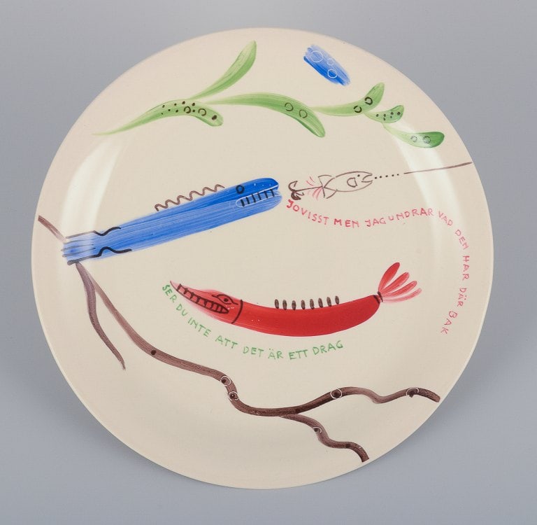 Stig Lindberg for Gustavsberg. "Löja" plate. Hand-painted with a fish motif. Satirical