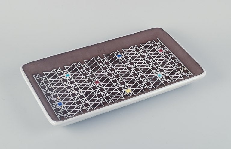 Ingrid Atterberg for Upsala-Ekeby, large rectangular "Corso" ceramic bowl designed with geometric: Title: Ingrid Atterberg for Upsala-Ekeby, large rectangular "Corso" ceramic bowl designed with geometric pattern. Description: Ingrid Atterberg for Upsala-Ekeby, large rectangular "Corso" ceramic bowl