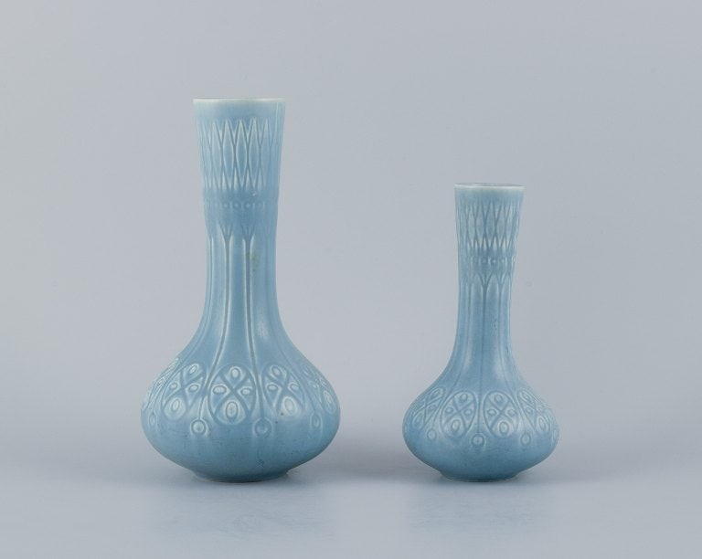 Upsala-Ekeby/Gefle, Sweden. Two "Kairo" (Cairo) ceramic vases in light blue glaze.: Title: Upsala-Ekeby/Gefle, Sweden. Two "Kairo" (Cairo) ceramic vases in light blue glaze. Description: Upsala-Ekeby/Gefle, Sweden. Two "Kairo" (Cairo) ceramic vases in light blue glaze. Geometric deco