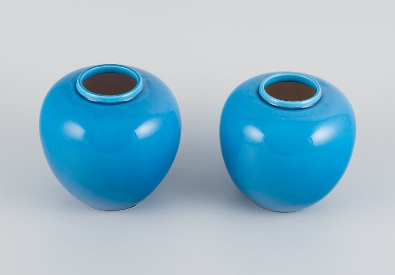 French ceramicist, a pair of ceramic vases in turquoise glaze.: Title: French ceramicist, a pair of ceramic vases in turquoise glaze. Description: French ceramicist, a pair of ceramic vases in turquoise glaze. Mid 20th century. Marked with monogram. In excellent c