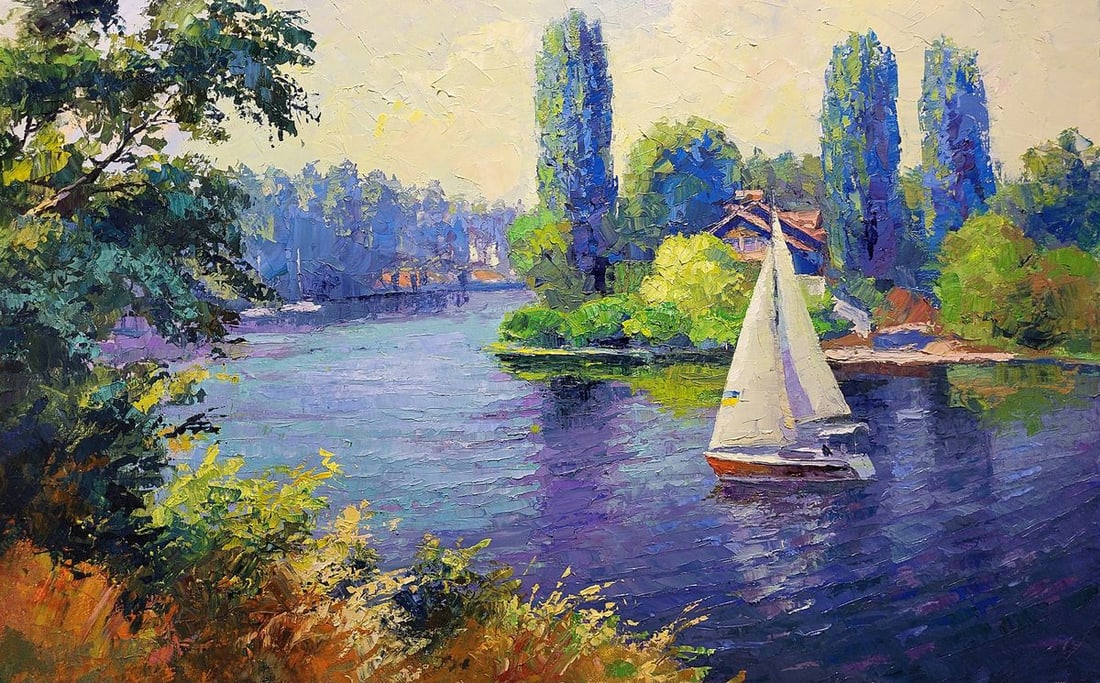 Oil painting Sailboat Boris Serdyuk: Title: Oil painting Sailboat Boris Serdyuk Description: NoSERB 1034The painting shows a landscape with a river scene on which a sailboat glides smoothly. The sky in the painting is made in soft shades