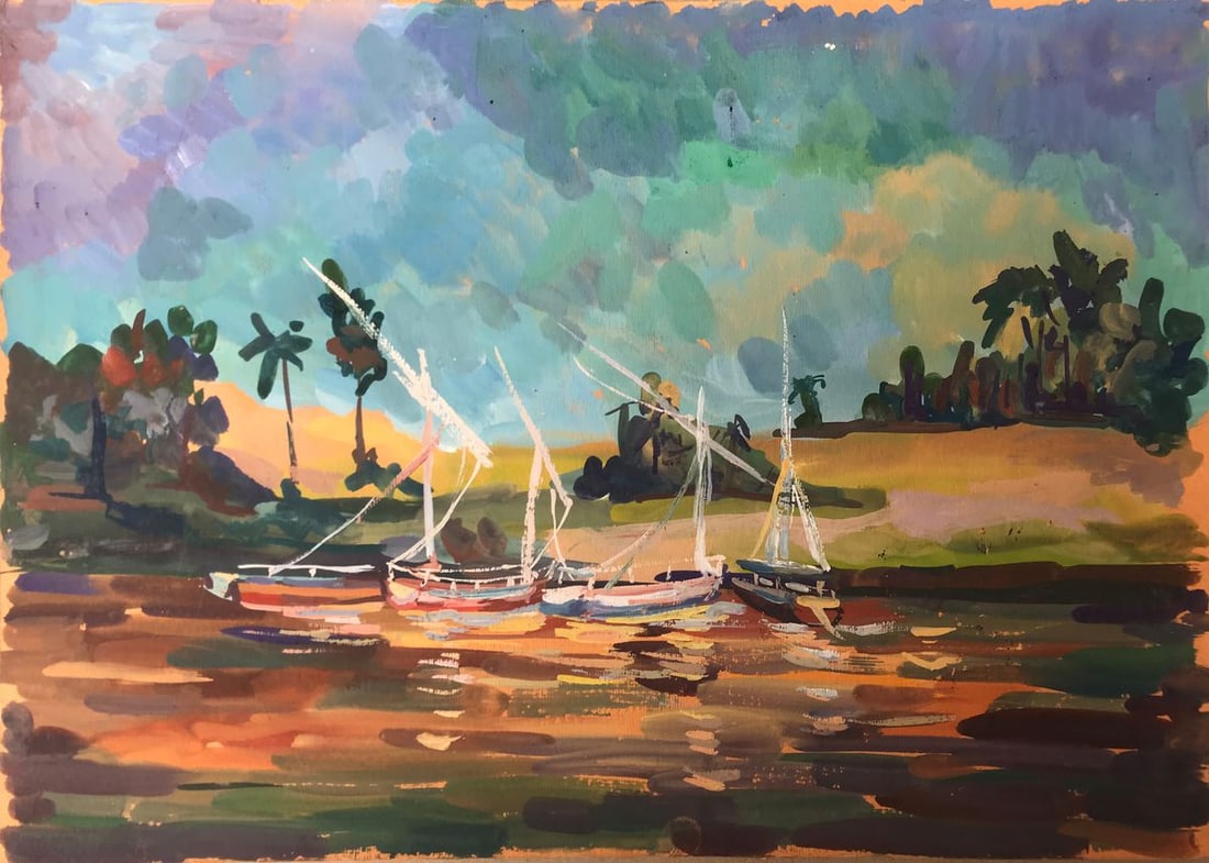 Tempera painting Boats on the shore Unknown artist (1 of 11)