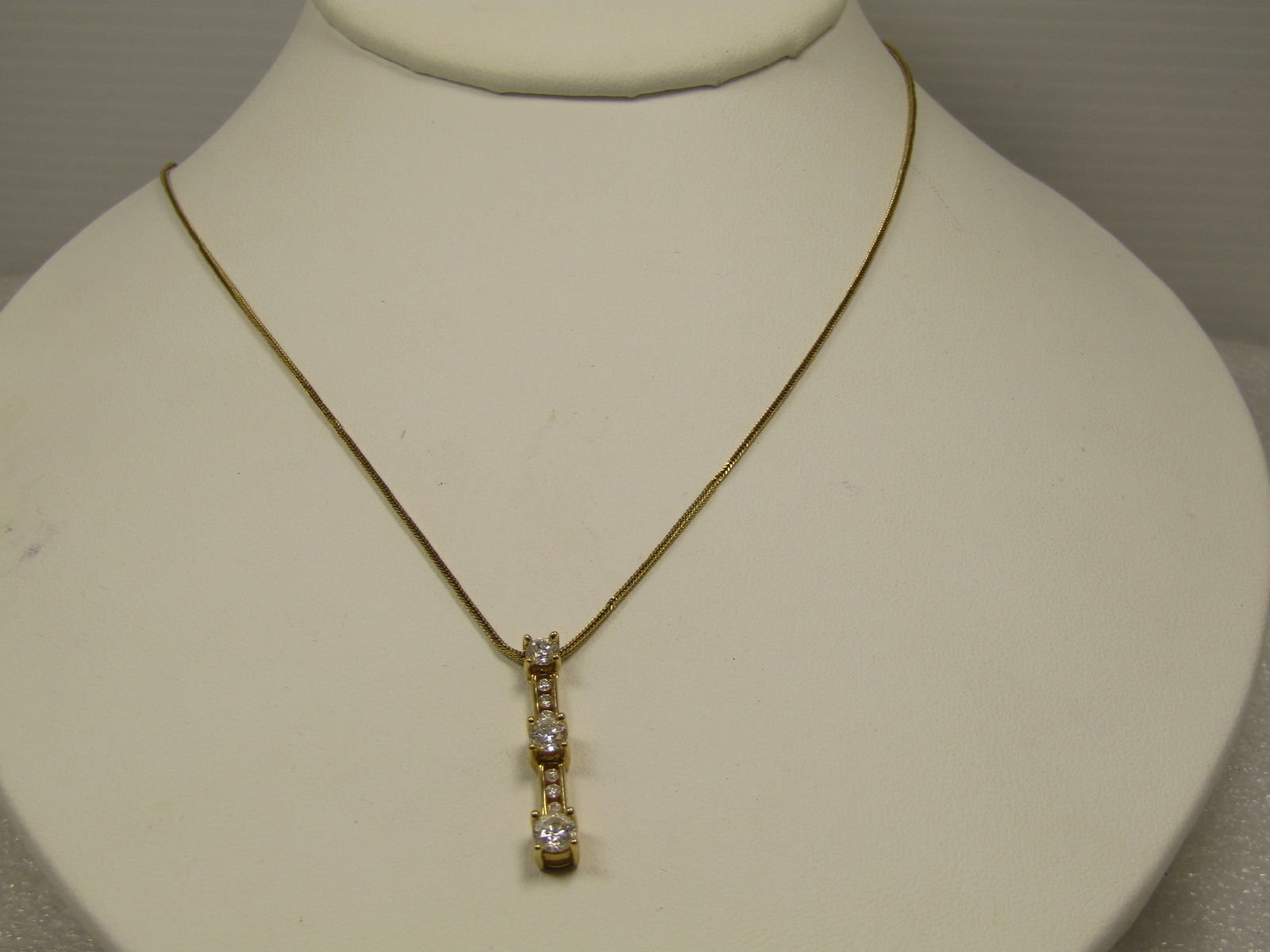Vintage 14kt Diamond Past Present Future Necklace, 18", 1980's-1990's: Title:Vintage 14kt Diamond Past Present Future Necklace, 18", 1980's-1990's Description:Vintage 14kt Diamond Past Present Future Necklace, 18", 1980's-1990's. It is marked 14kt and tests as 14kt with