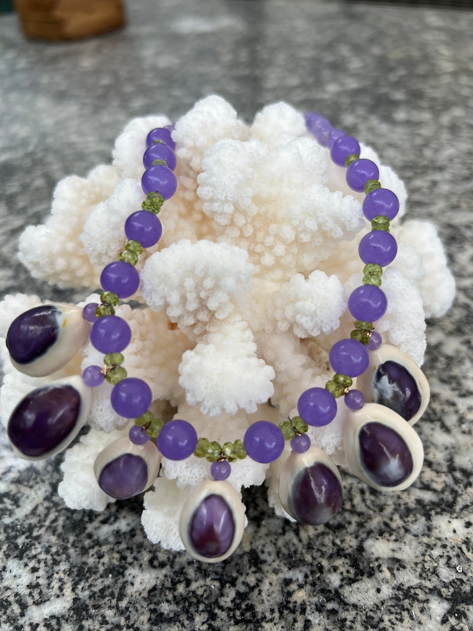 Orchid Onyx Bead Necklace with Cyprea Shells - 2