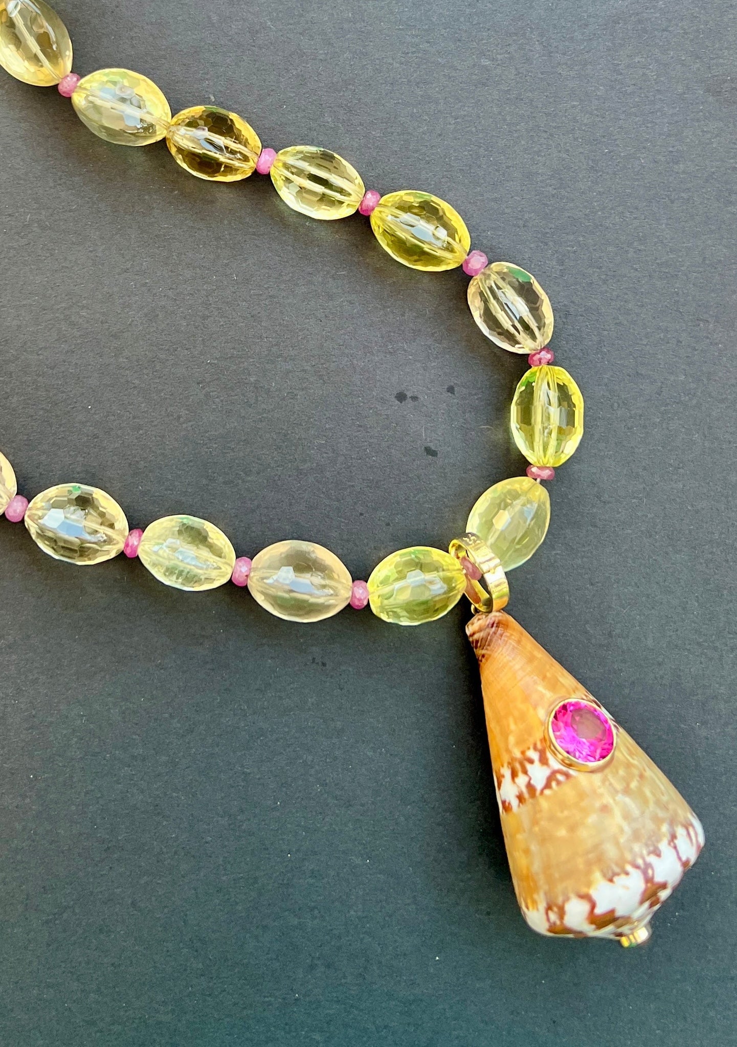 Beaded Citrine Necklace with Conus Shell Pendant Sporting a Pink Topaz