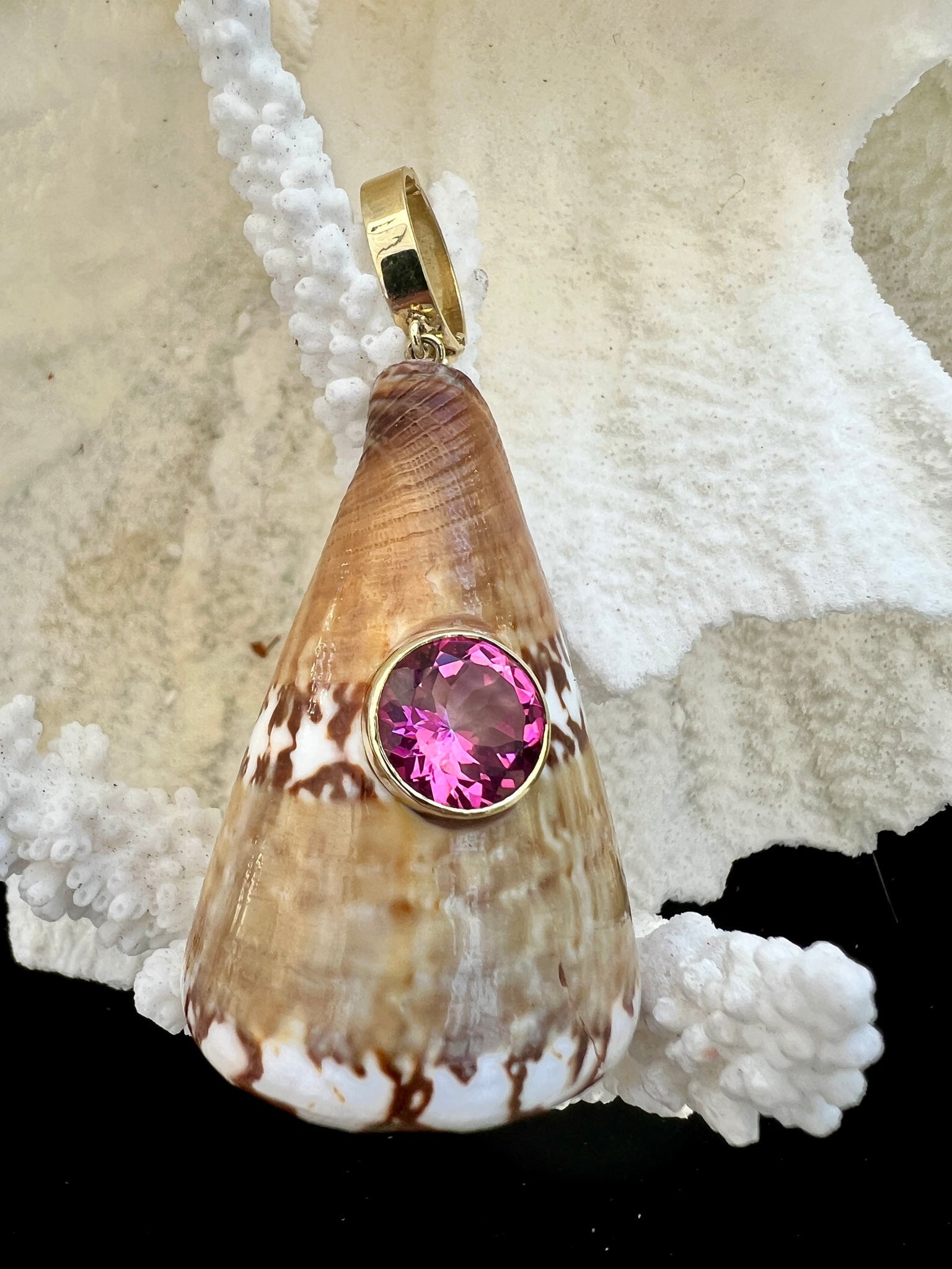 Beaded Citrine Necklace with Conus Shell Pendant Sporting a Pink Topaz - 3