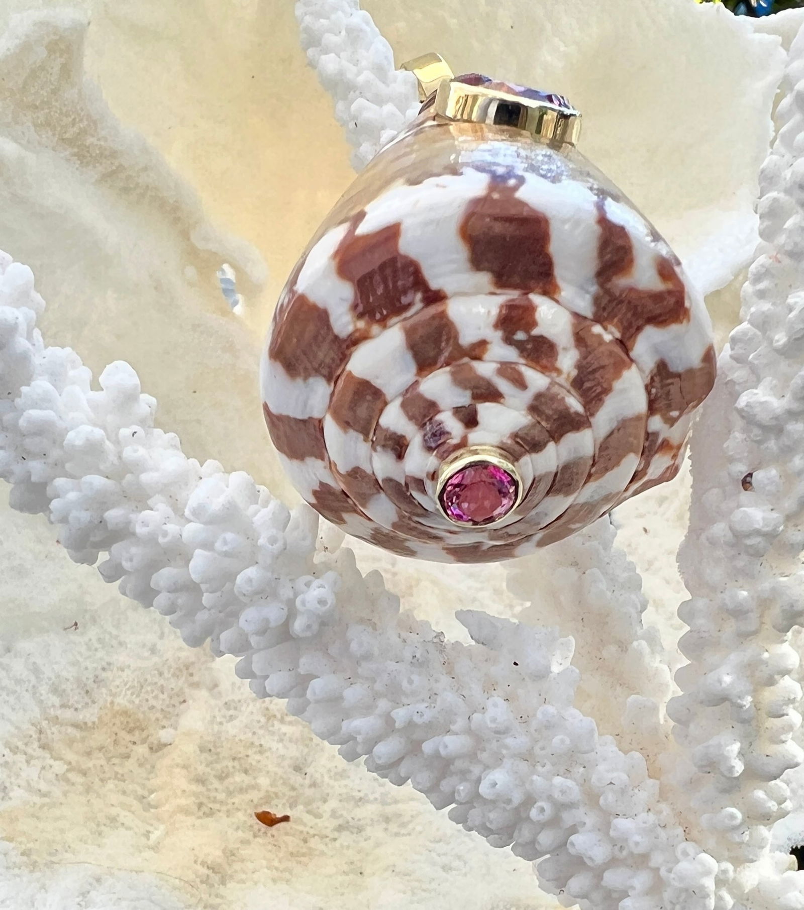 Beaded Citrine Necklace with Conus Shell Pendant Sporting a Pink Topaz - 5