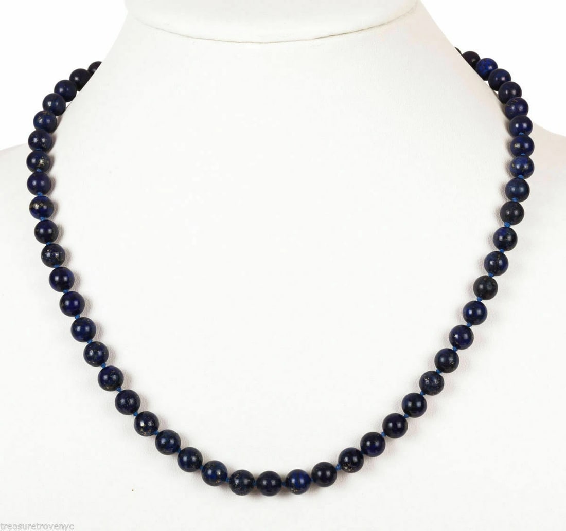 14 kt Yellow Gold and Lapis Lazuli Bead Necklace: Title:14 kt Yellow Gold and Lapis Lazuli Bead Necklace Description:Gorgeous lapis lazuli bead necklace with a circular, yellow gold box clasp. Box clasp form a shamrock, the Irish traditional symbol o