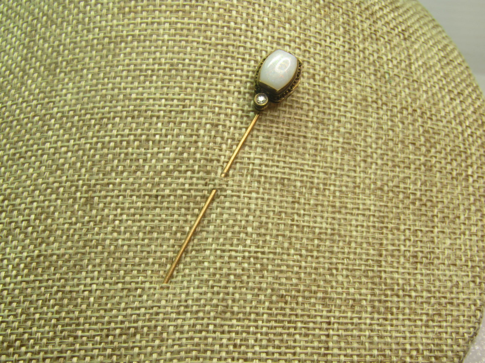 Vintage 14kt Opal Diamond Stick Pin, 2.5", Early 1900's: Title:Vintage 14kt Opal Diamond Stick Pin, 2.5", Early 1900's Description:Vintage 14kt Opal Diamond Stick Pin, 2.5", Early 1900's or possibly earlier. The stick pin is appx. 2.5" long with the topper