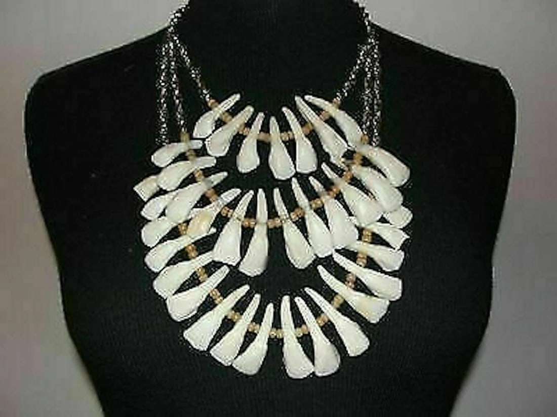 Santeria Necklace of Buffalo Teeth, Wood, & Silver Tone Chain Alberto Juan: Title:Santeria Necklace of Buffalo Teeth, Wood, & Silver Tone Chain Alberto Juan Description:18K gold-plated Etruscan-style clip back earrings, circa 1980. Signed, “Barrera for Avon” on th