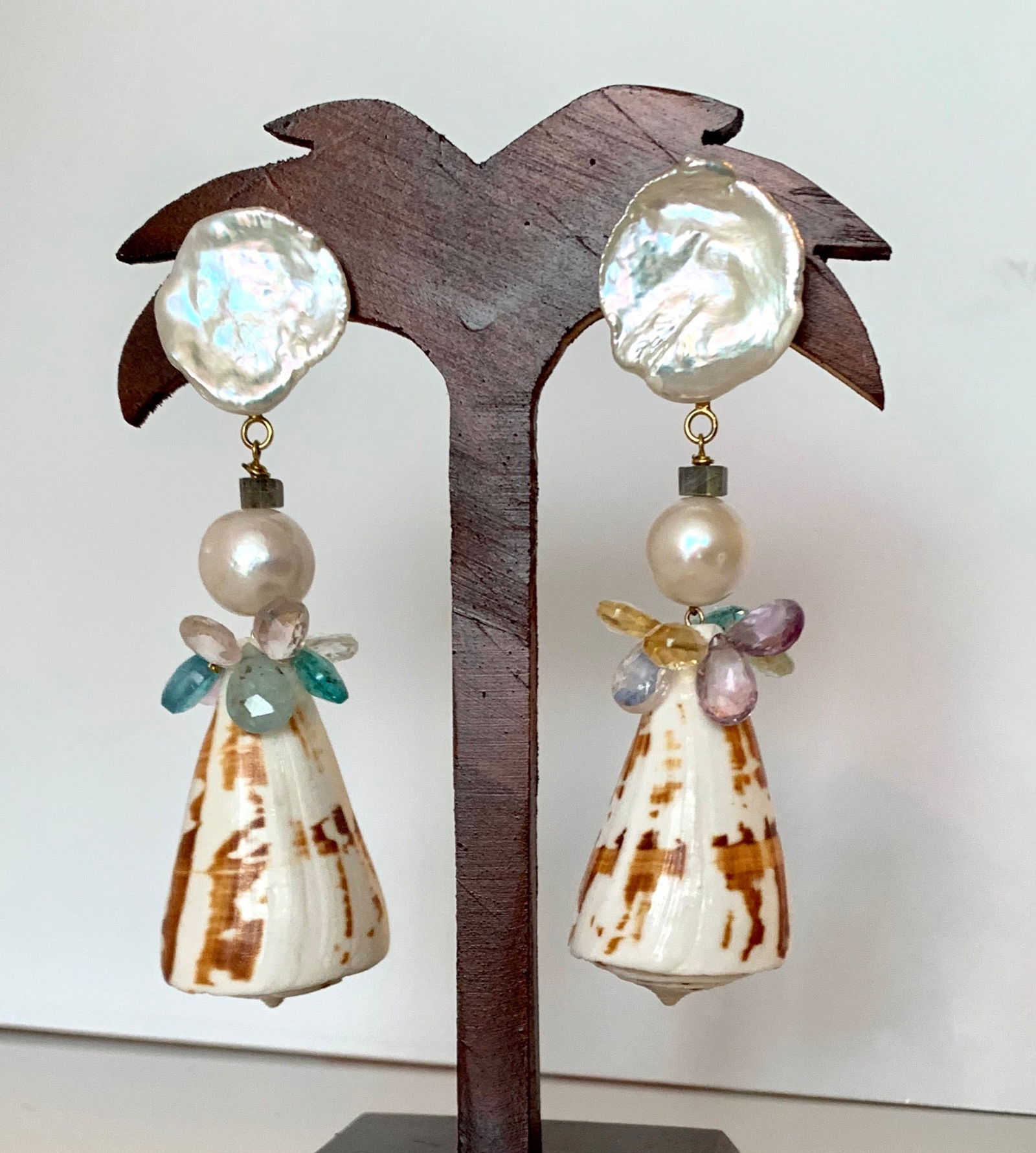 Flutter Pearl, Tourmaline, Conus 14-Karat Gold Earrings