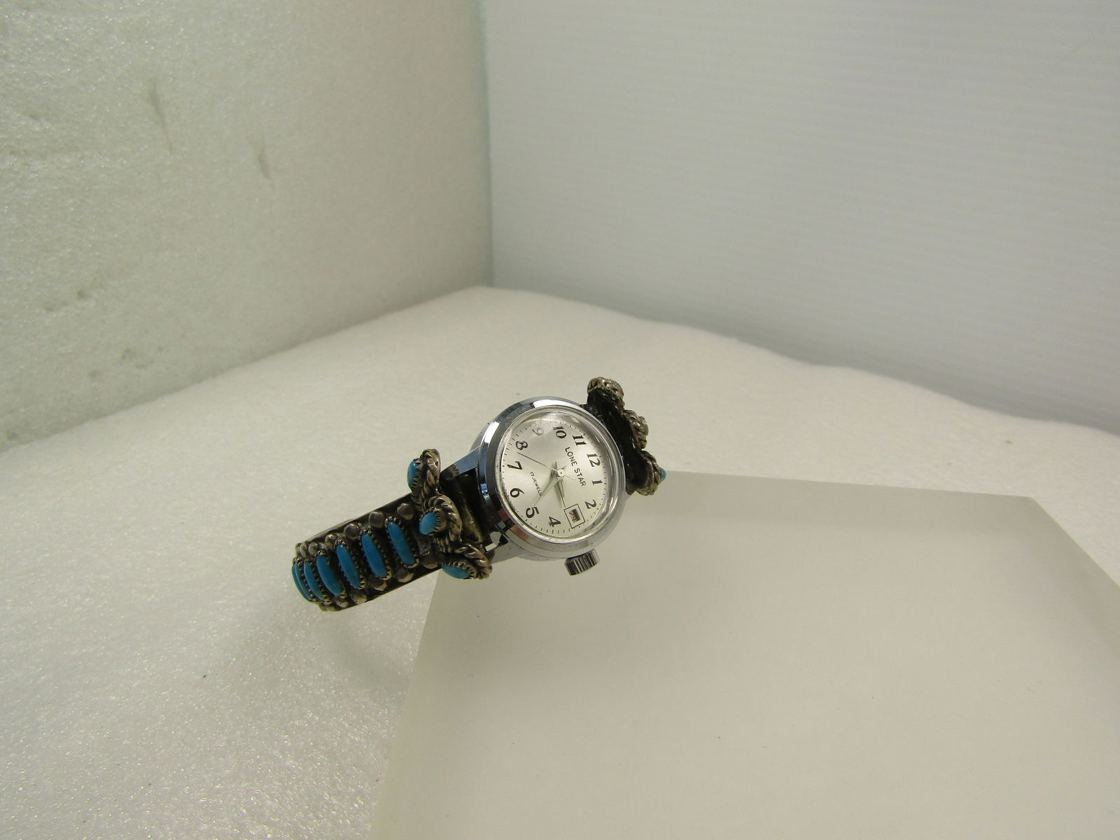 Vintage Sterling Turquoise Petit Point Navajo Ladies' Watch Cuff Bracelet, F. M. Begay, 1970's-After: Title:Vintage Sterling Turquoise Petit Point Navajo Ladies' Watch Cuff Bracelet, F. M. Begay, 1970's-After Description:Vintage Sterling Turquoise Petit Point Navajo Ladies' Watch Cuff Bracelet, F. M.