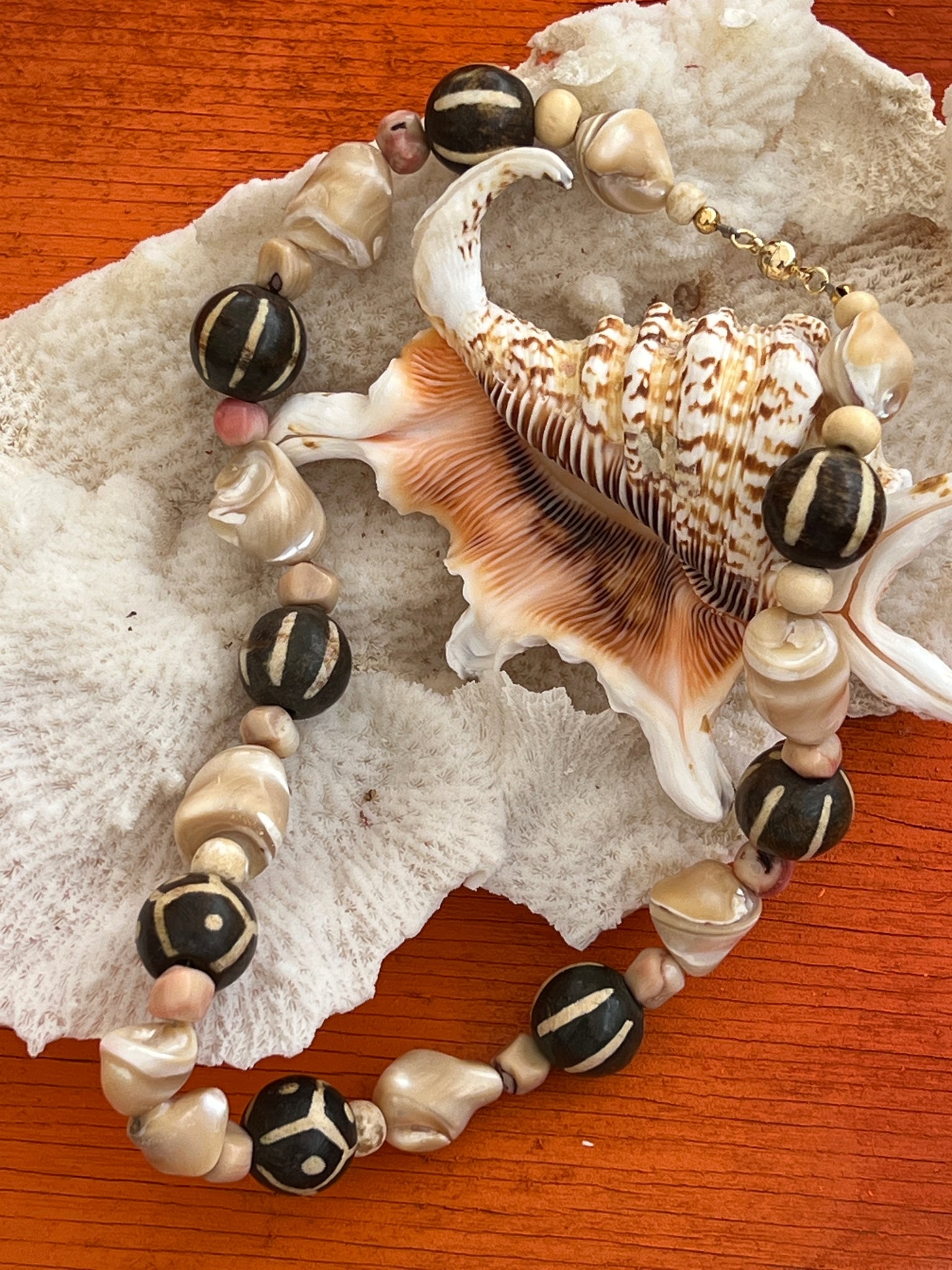 African Mali Beads with Cut Clam Necklace - 2