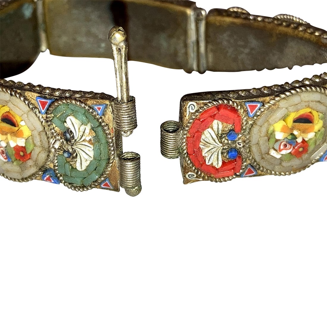 Victorian Micro Mosaic Grand Tour Italian Bracelet: Title:Victorian Micro Mosaic Grand Tour Italian Bracelet Description:Victorian Micro Mosaic Grand Tour Italian Bracelet, Circa 1890s. Measures 7 3/4" long and 3/4" wide. Closes with sliding bar clasp.
