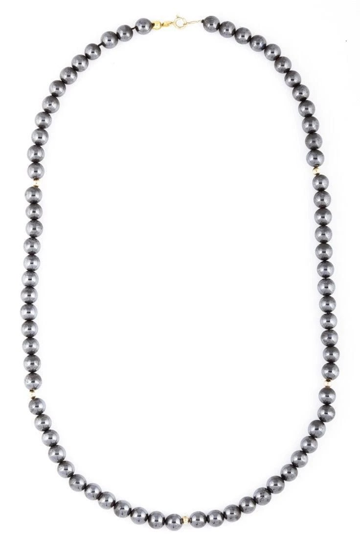 Hematite Bead and 14 kt Gold Bead Necklace: Title:Hematite Bead and 14 kt Gold Bead Necklace Description:Gorgeous Chinese cocktail ring with a large carnelian cabochon. Nice sterling silver filigree ring. Face measures 25 mm's by 17 mm's. Carne