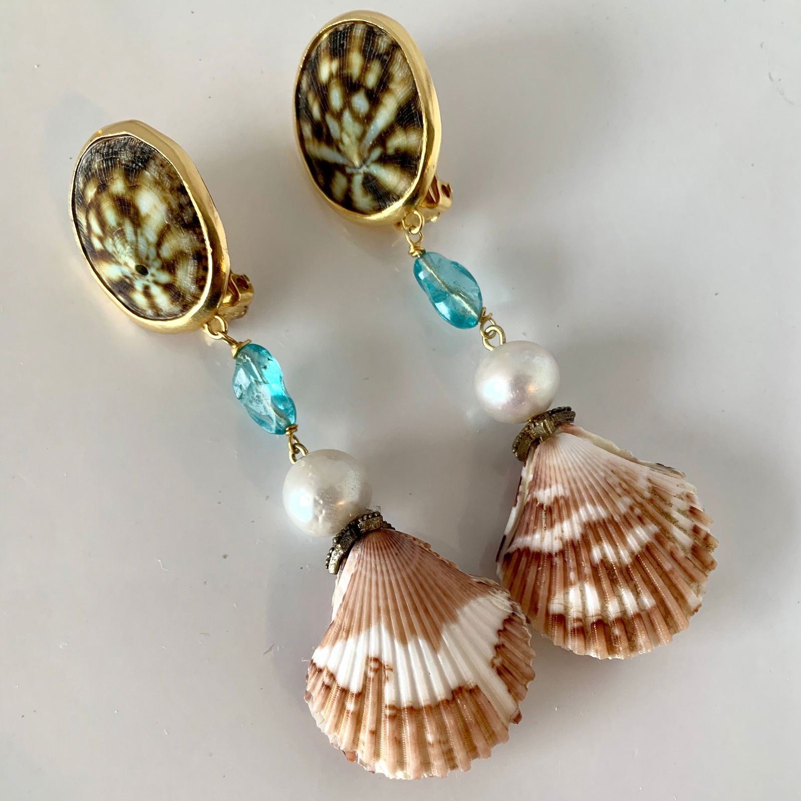 Apatite, Pearl, Scallop Vermeil Earrings