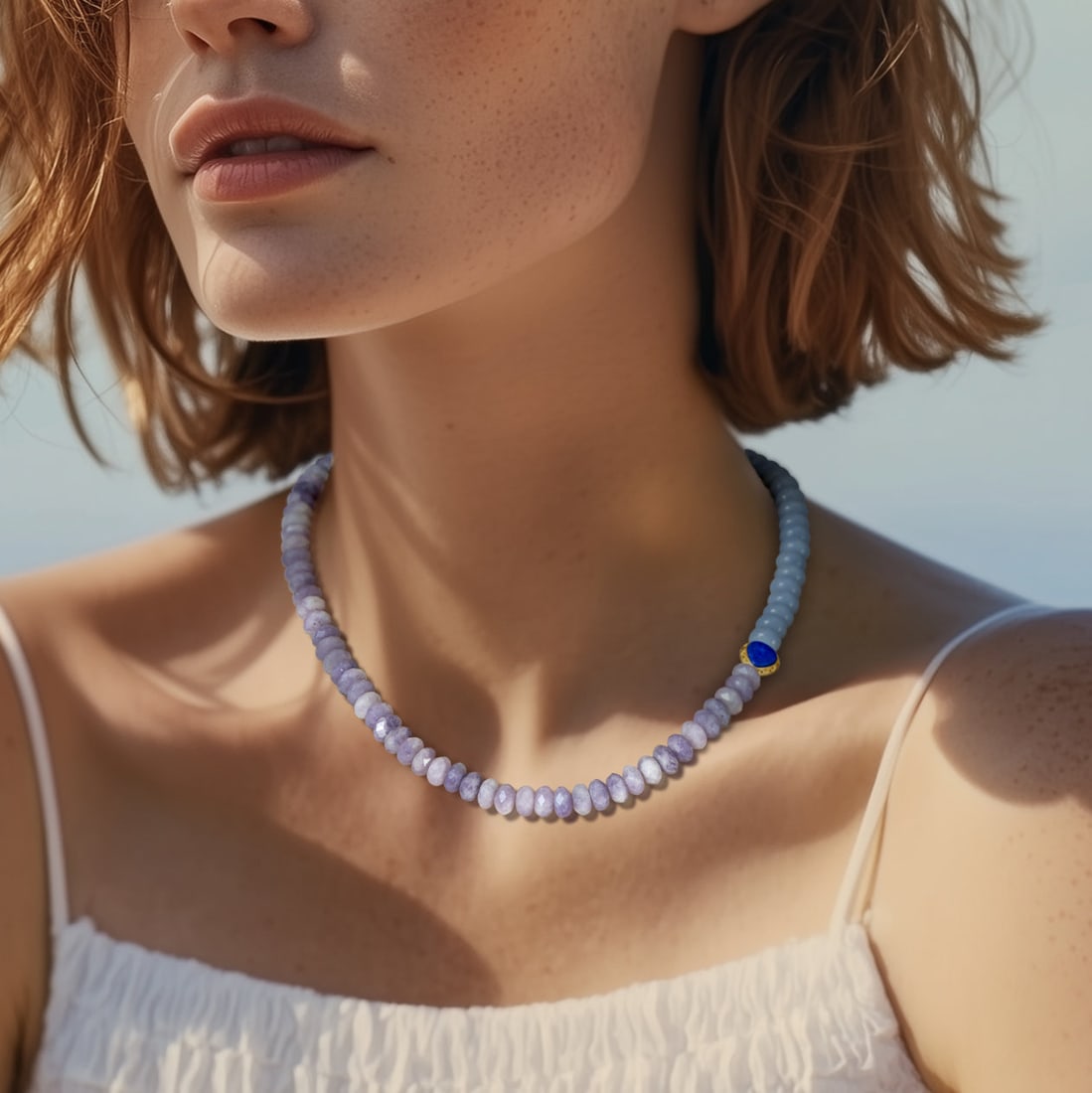 Kunzite Aquamarine Lapis Half Moon Necklace - 7