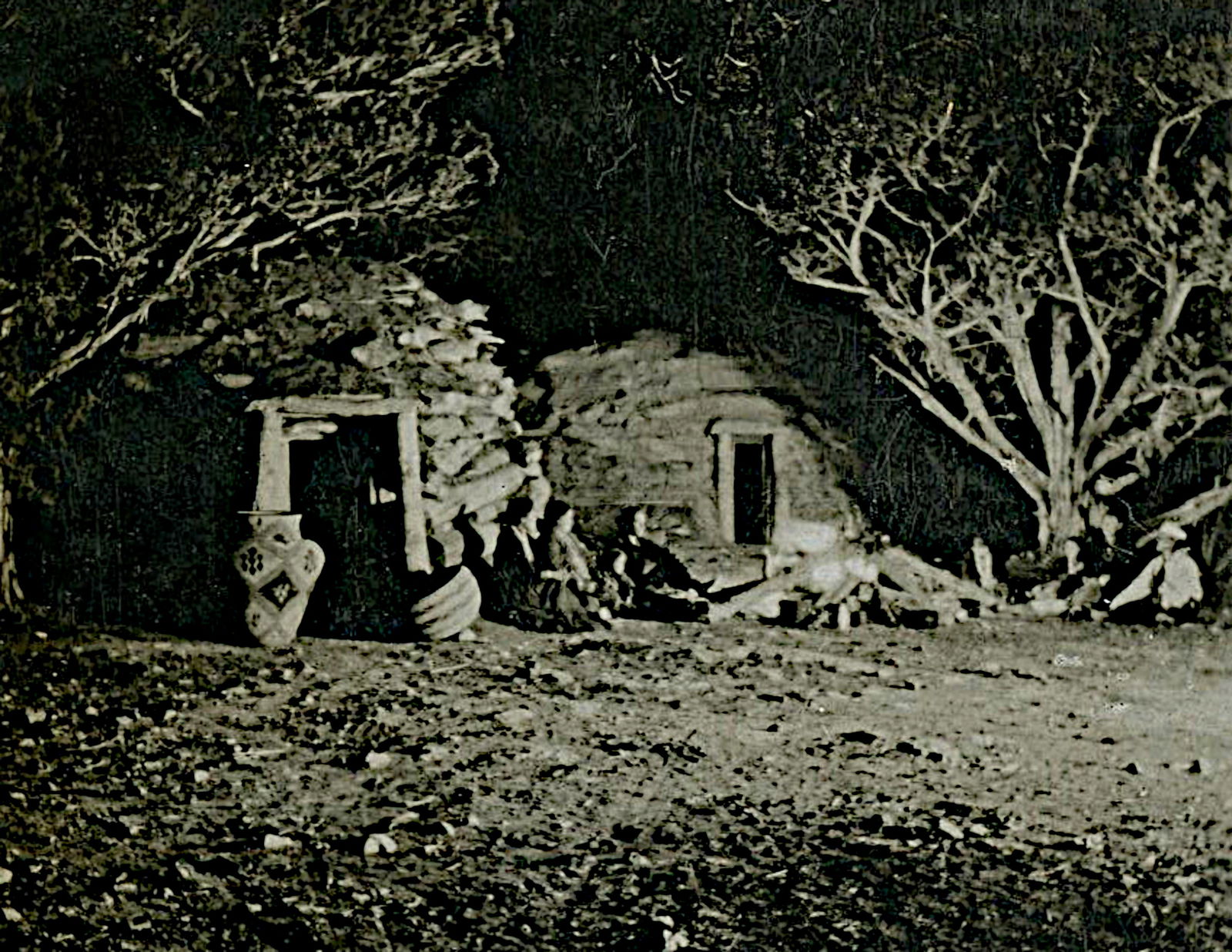 HOPI INDIANS, POTTERY AND HOGAN BY MOONLIGHT: Title: HOPI INDIANS, POTTERY AND HOGAN BY MOONLIGHT Artist/Source: PUTNAM AND VALENTINE Original Date: EXACT YEAR UNKNOWN Dimensions: 8X10 Description: || UNITED STATES SHIPPING ONLY! || This lot is a