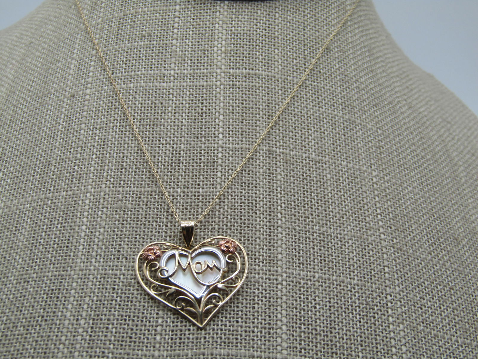 Vintage 10kt Mom Heart & Floral Necklace, Signed MA, 1980's-1990's: Vintage 10kt Mom Heart & Floral Necklace, Signed MA, 1980's-1990's. MA is Marsala. This is a 1" by 1" heart that is tri color with rose gold flowers, white gold center heart, and yellow gold chain and